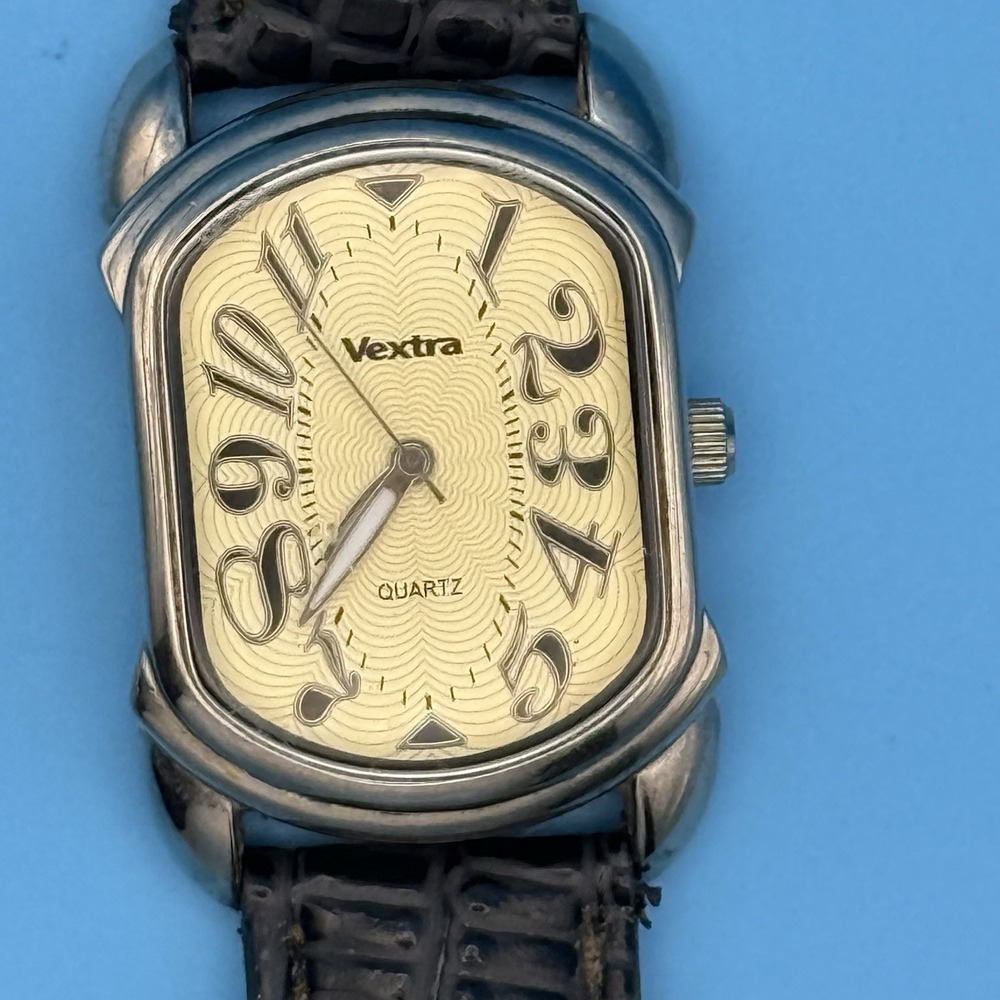 Vextra V-102 Quartz Watch Gold Dial Art Deco Numerals Black Leather Band